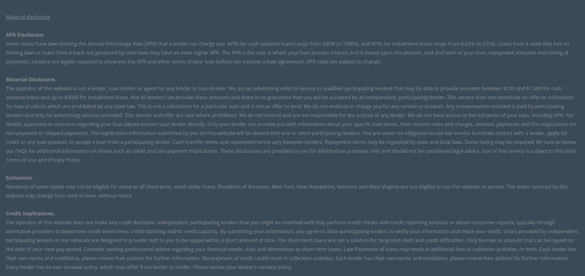 Material disclosure for payday loans in Ontario California